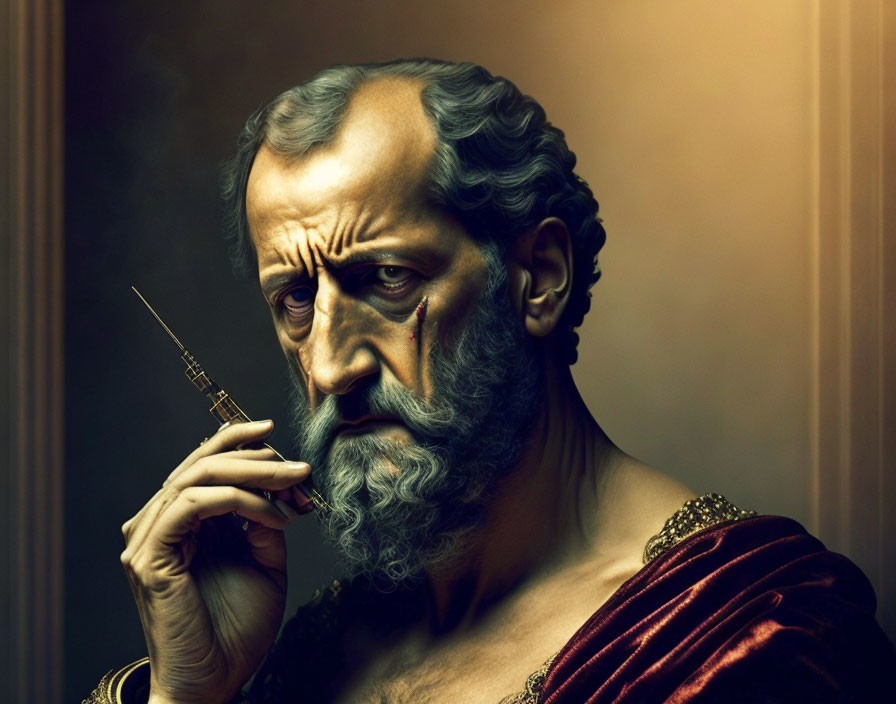 Digital artwork blending classical and modern elements: bearded man in ancient Roman attire with syringe