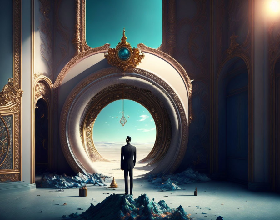 Man standing in surreal ornate frames with decay and debris.