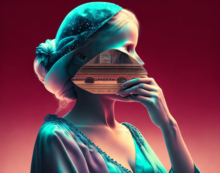 Surreal portrait of a woman in blue attire with classical building cutout on red background