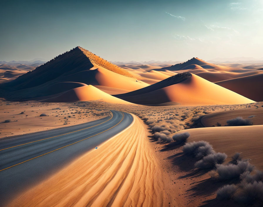 Tranquil desert with winding road at sunrise or sunset