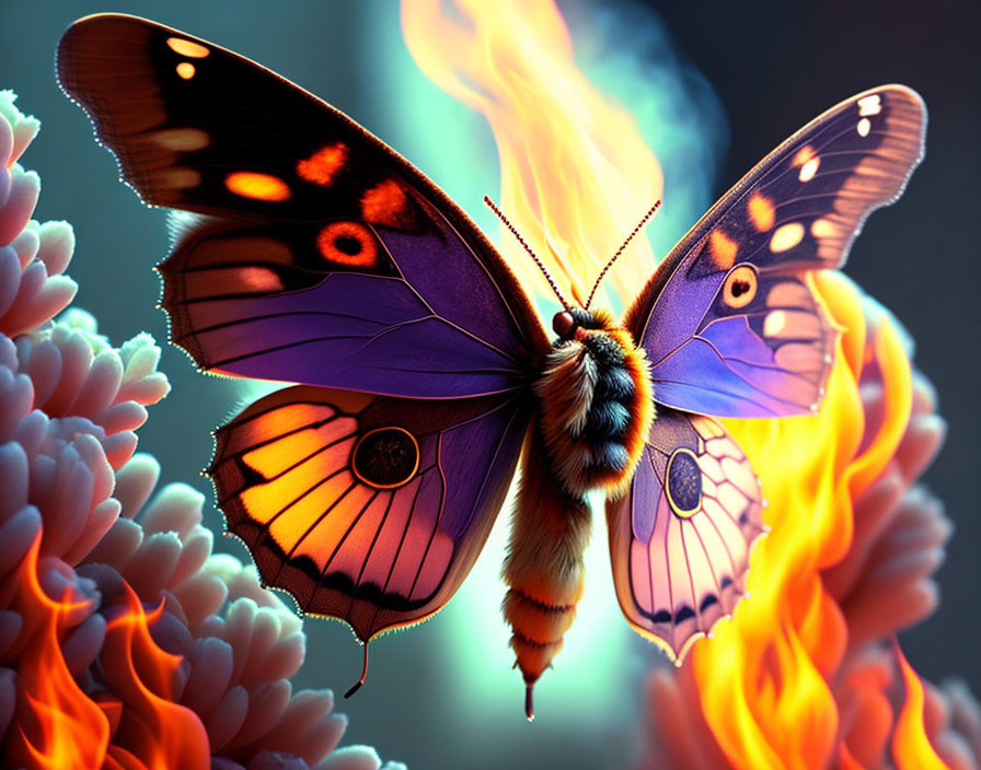 Colorful Butterfly on Fire-themed Flowers in Artistic Scene