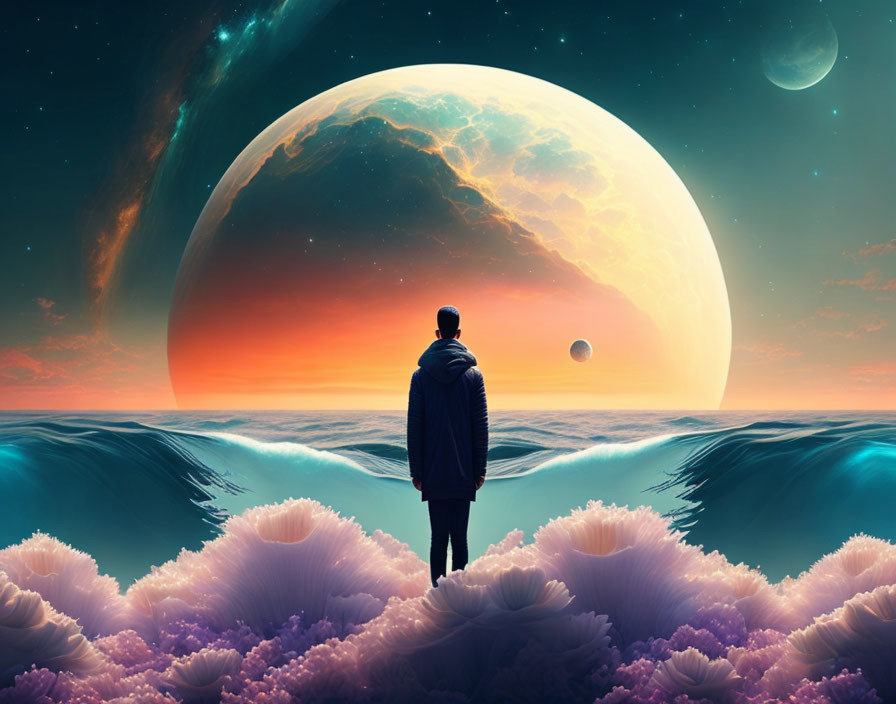 Person observing surreal coral landscape with oversized planets in twilight sky