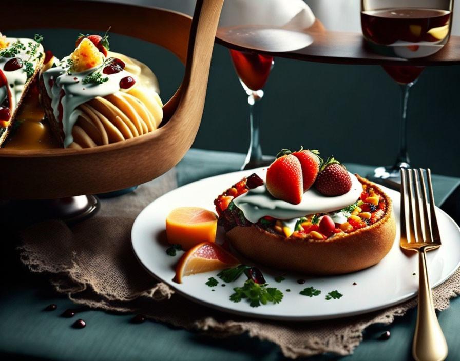 Elegant dessert tarts with fruit toppings and cream on wooden stand