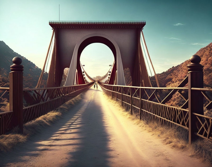 Majestic suspension bridge over canyon with warm-toned sky