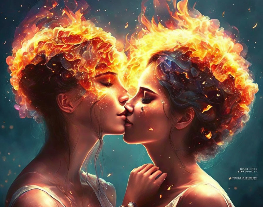 Fiery-haired women in tender moment with mystical blue glow