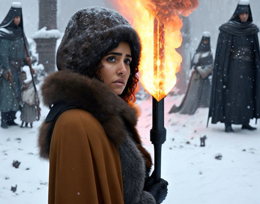 Woman in fur hat and coat holding flaming torch in snowy landscape with robed figures