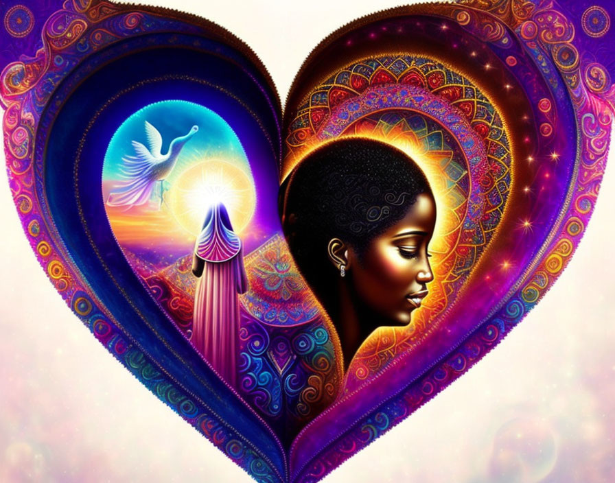 Colorful digital art: Heart, woman, and dove in psychedelic design