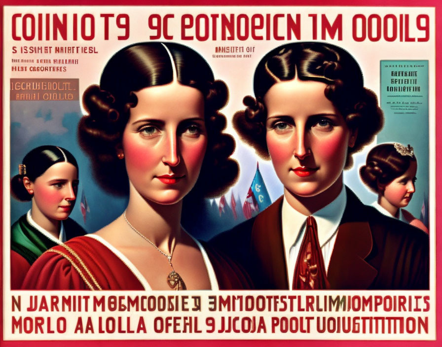 Vintage-style poster features two women in mirrored text with red and blue colors