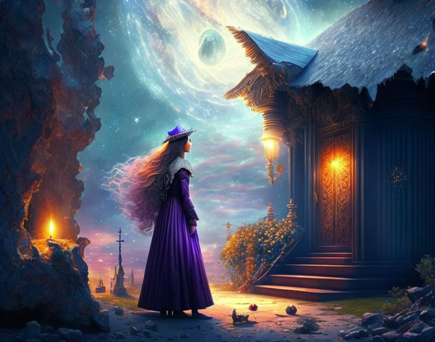 Medieval woman in purple dress gazes at fantastical night sky