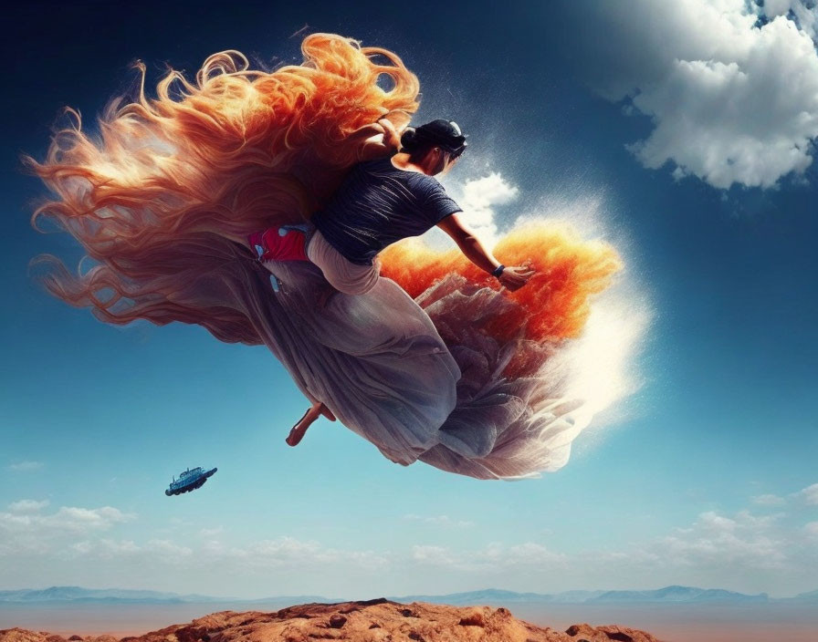 Fiery red-haired person on broomstick above desert with floating ship in sky