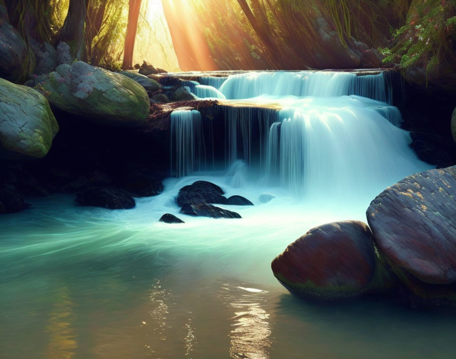 Tranquil waterfall surrounded by lush greenery in sunlight