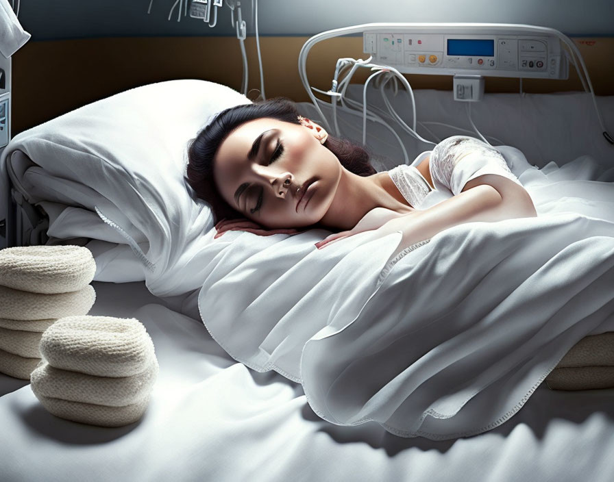 Woman resting in hospital bed with IV line and medical equipment.