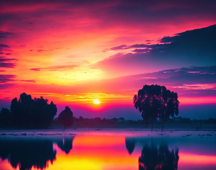 Serene lake at sunrise with purple and pink skies