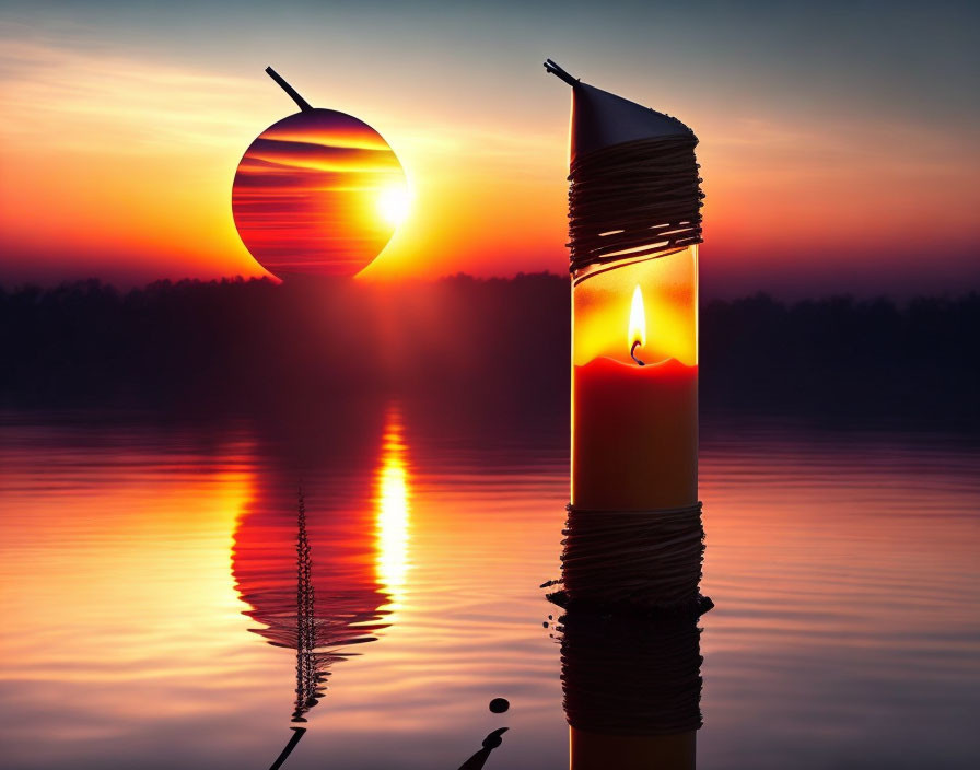 Photomontage of candle and pencil stack against sunset lake