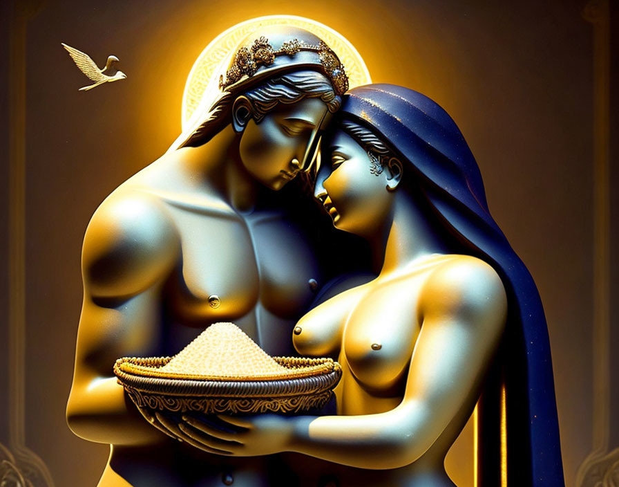 Man and woman in intimate embrace with halo effect and dove.