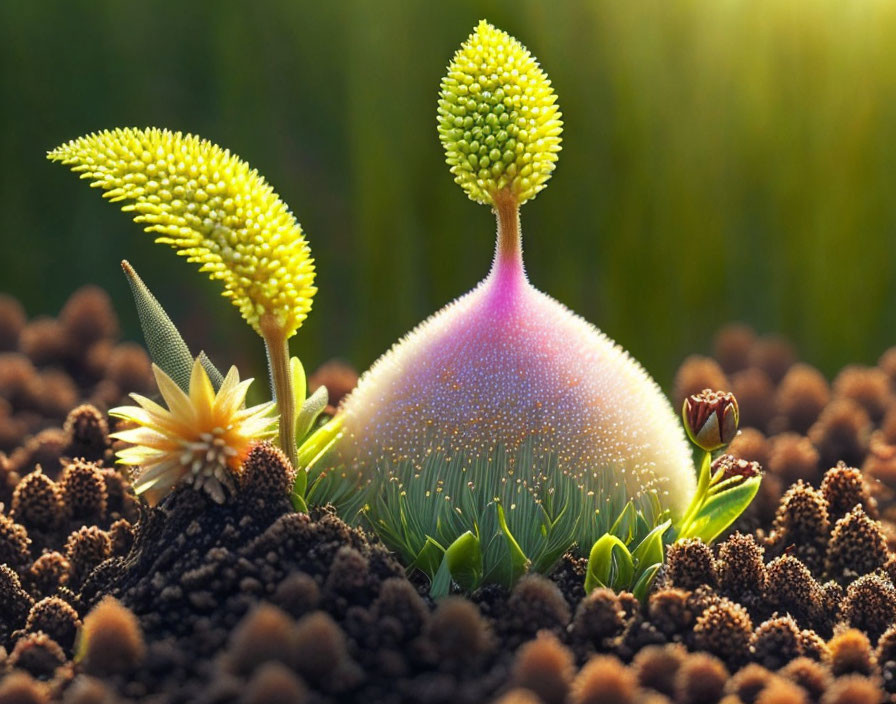 Stylized yellow plants in pink and purple soil bed under sunlight