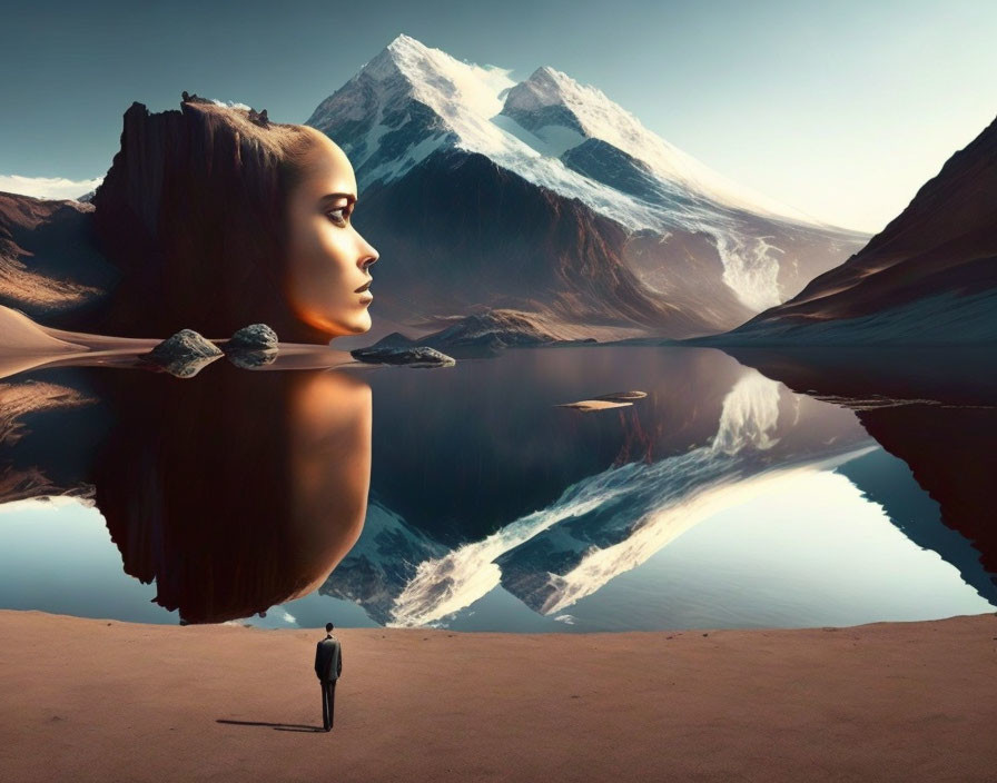 Surreal landscape with giant woman's face merging with mountain reflected in tranquil lake