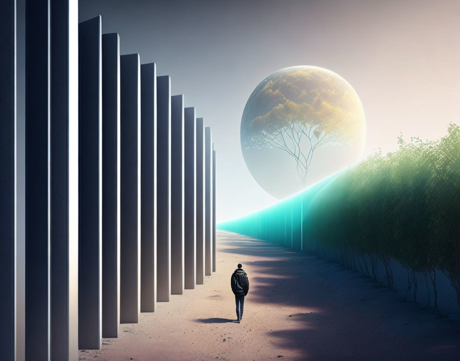 Lone figure walking towards surreal moon and monoliths horizon