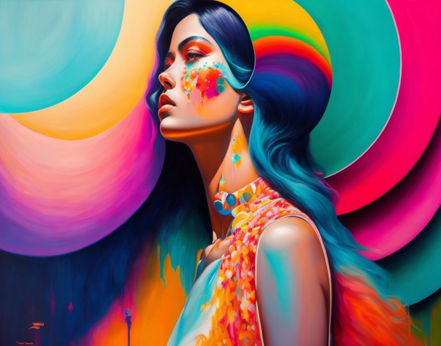 Colorful portrait of woman with blue hair and vibrant makeup on abstract rainbow background