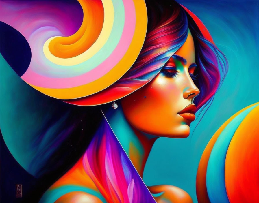 Colorful Digital Painting of Woman with Swirling Patterns