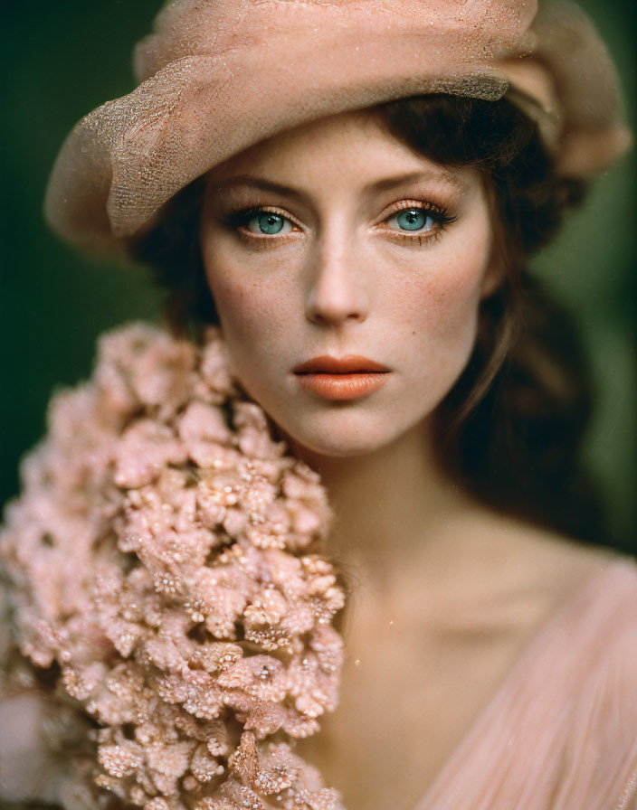 Woman in Peach Hat and Dress with Striking Blue Eyes