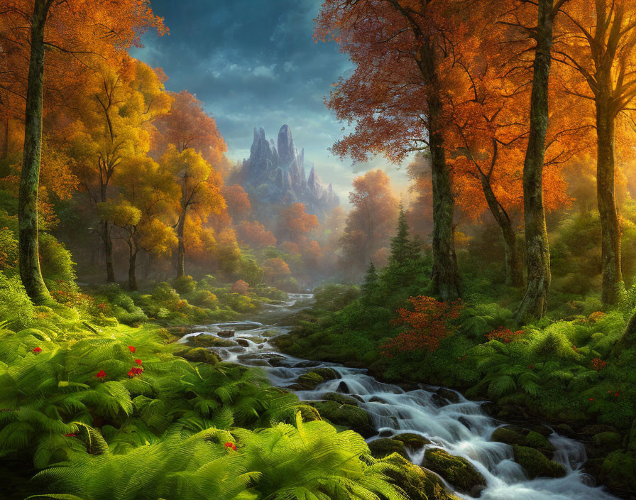 Colorful autumn forest with stream, green ferns, orange trees, and distant mountain.