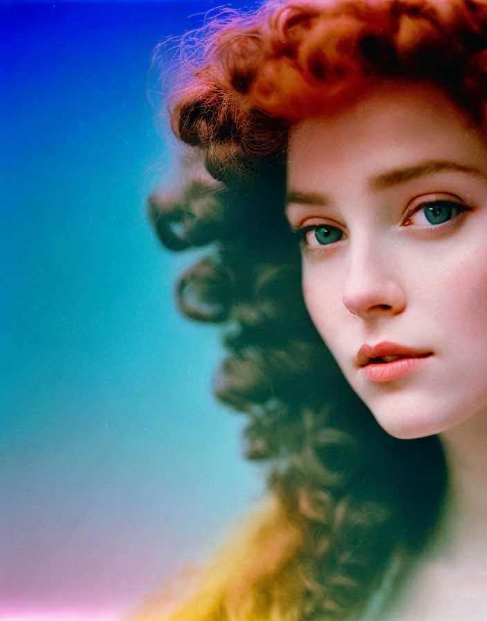 Portrait of Woman with Curly Red Hair and Blue Eyes on Gradient Background