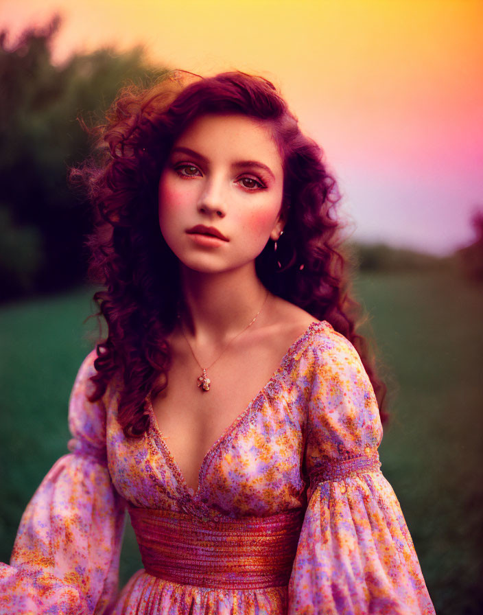 Curly-haired woman in floral dress poses in sunset field.