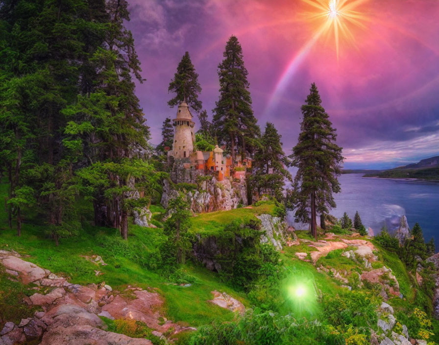 Castle on rocky outcrop surrounded by lush greenery under sunset sky with rainbow and lens flare