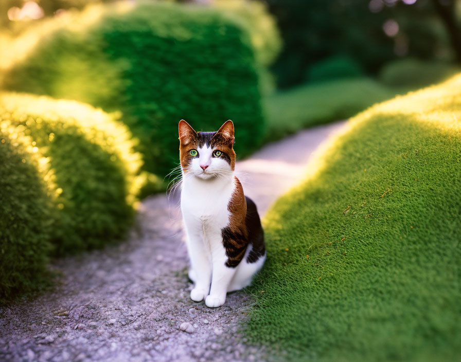 Calico Cat with Green Eyes in Garden Setting