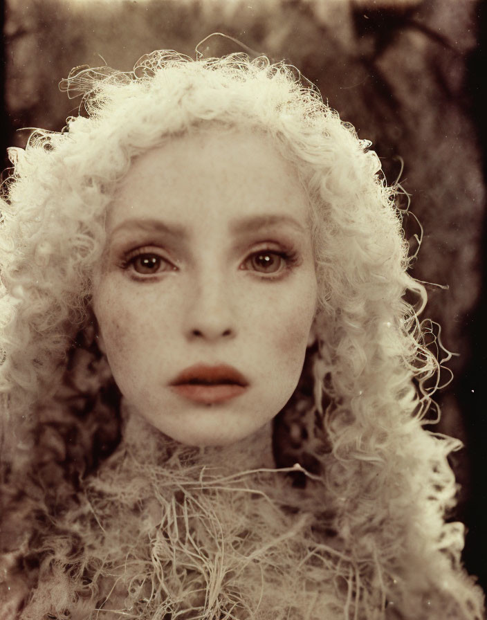 Portrait of person with pale skin, curly white hair, deep eyes, and full lips against blurred tree