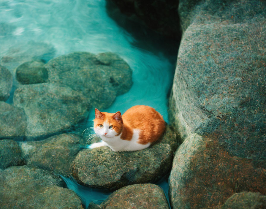 Cat sitting on rock in turquoise water