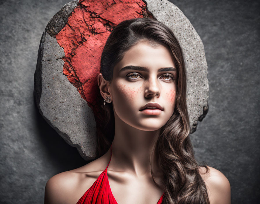 Young Woman in Red Dress Emerging from Cracked Stone with Red Mark