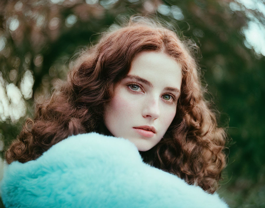 Curly Haired Woman in Blue Fuzzy Garment Outdoors