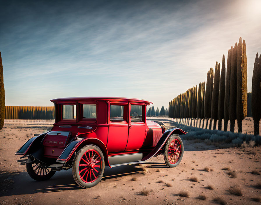 Vintage Red Car Parked on Deserted Road with Tall Trees at Dusk