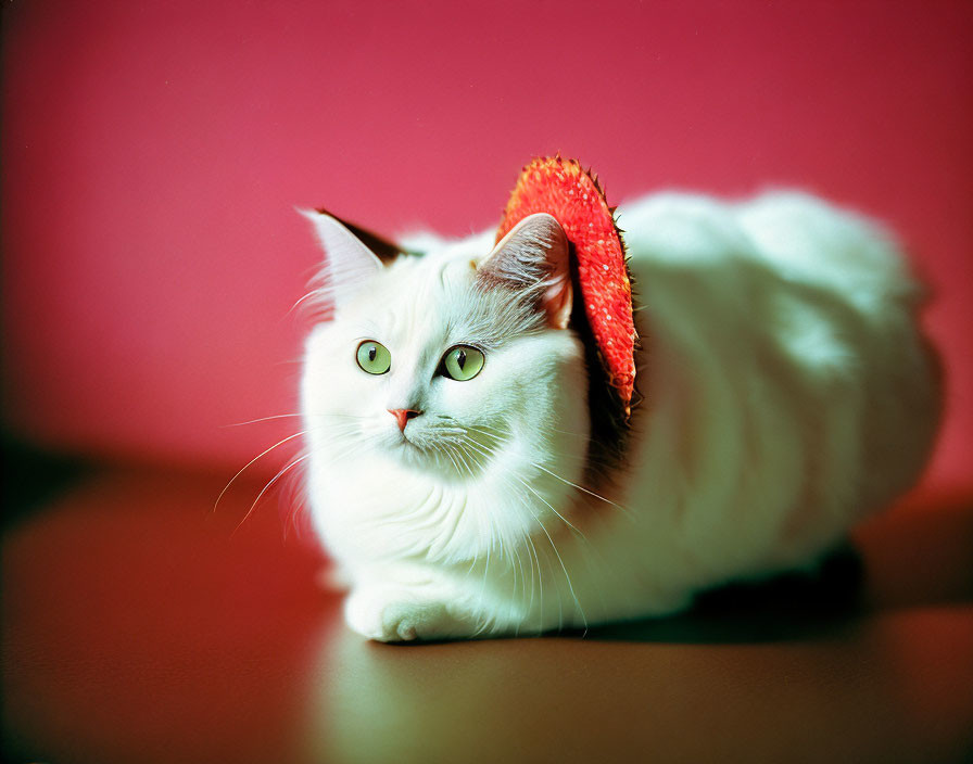 White Cat Wearing Strawberry Hat on Maroon Surface