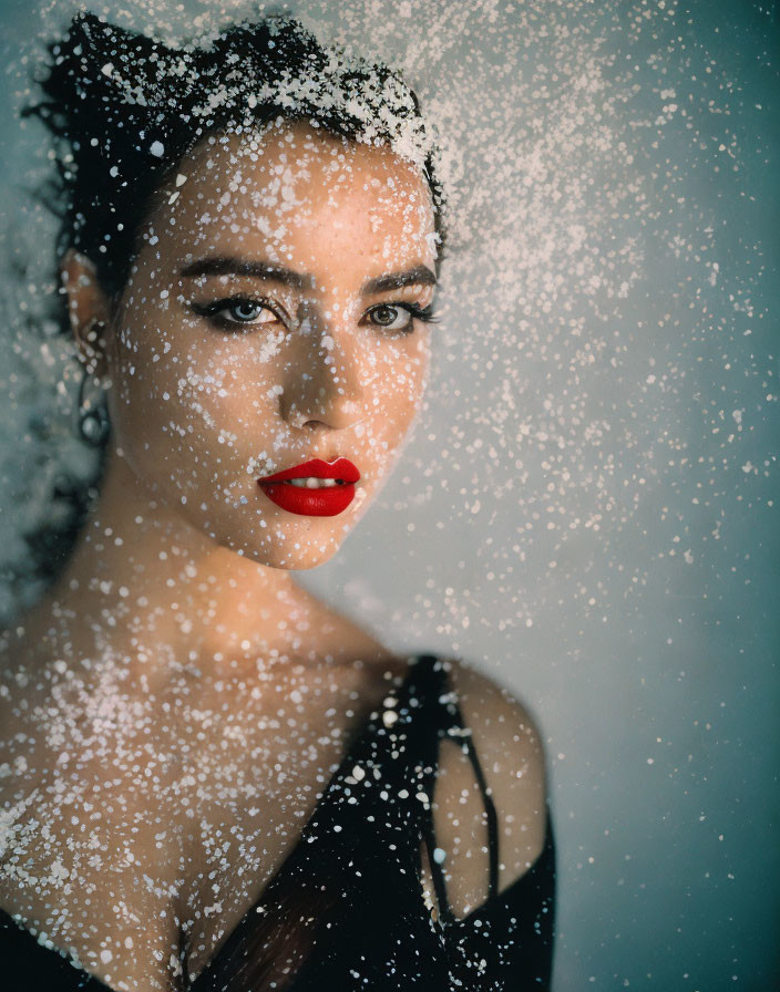 Woman with red lipstick and snowflakes in curly hair wearing black top