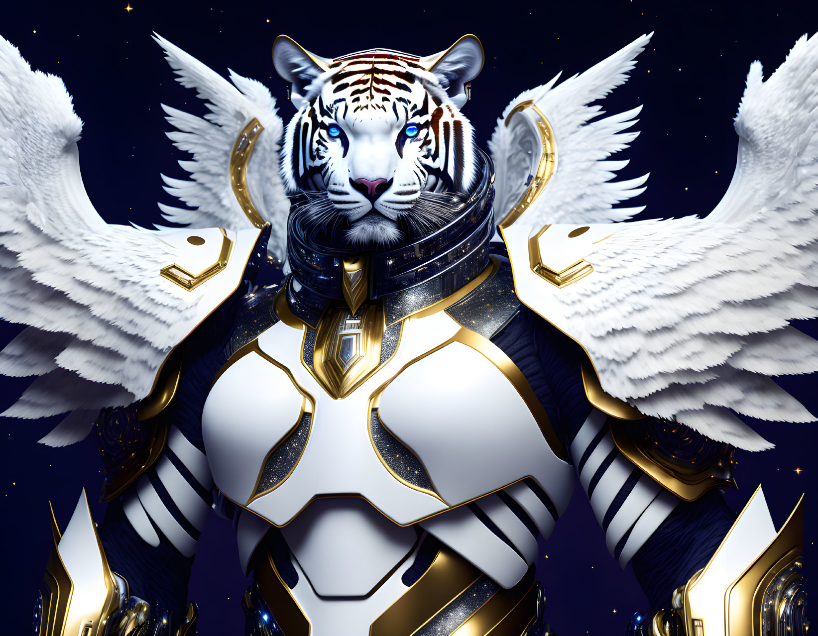 White Tiger with Wings in Futuristic Gold Armor on Starry Background