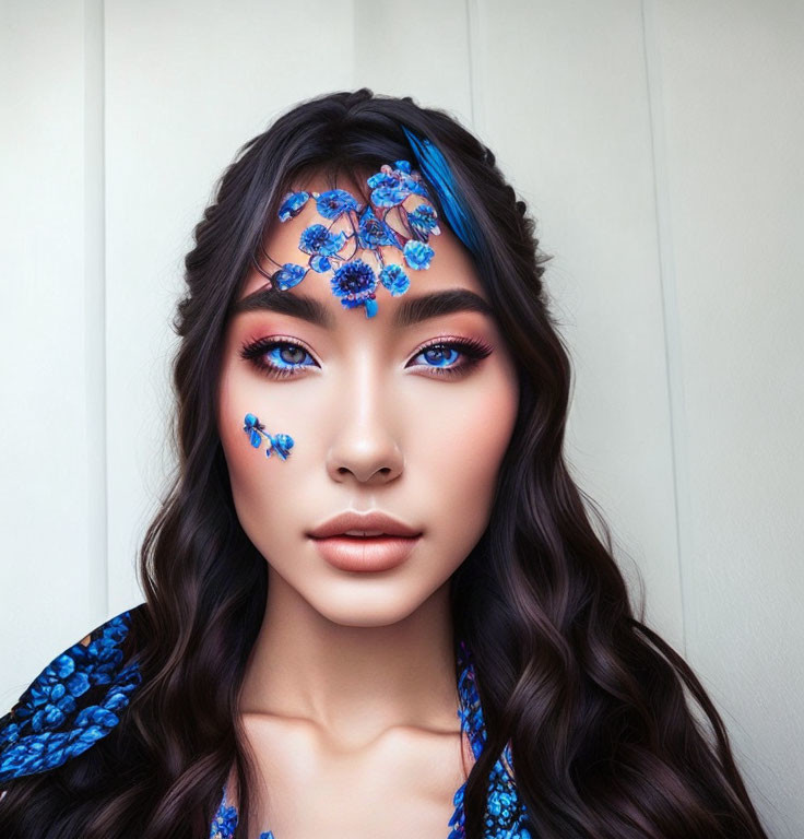 Woman with Blue Floral Makeup and Designs, Long Wavy Hair