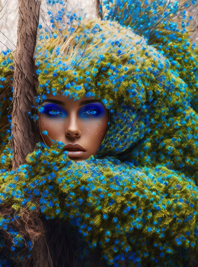 Woman with vibrant blue eyes in blue and green flora, exuding mystical aura