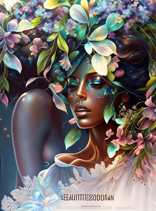 Colorful Floral Woman with Blue Eyeshadow and Stars