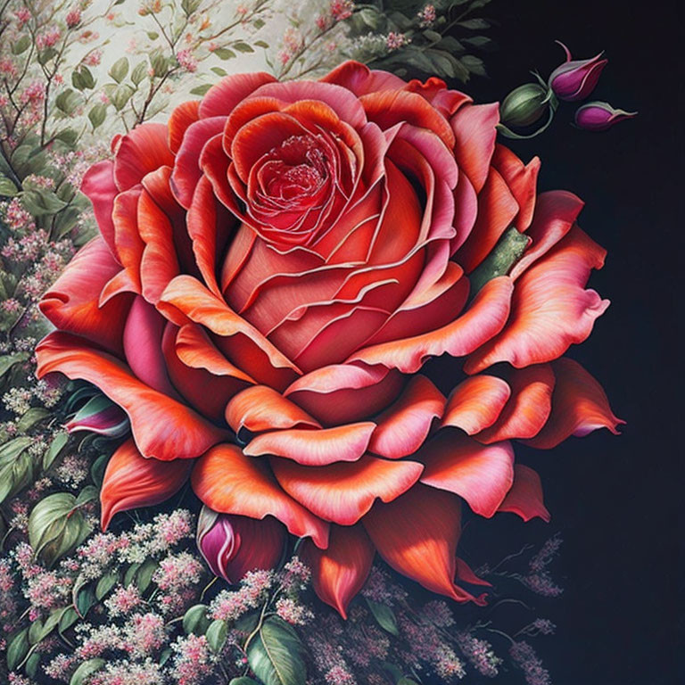 Detailed Artistic Depiction of Large Red Rose with Pink Buds and White Flowers