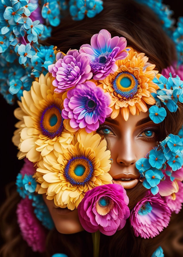 Woman's face obscured by vibrant flowers with striking blue eyes peeking through bouquet.