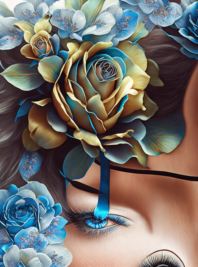 Surreal portrait: Woman with blue roses merging into face.