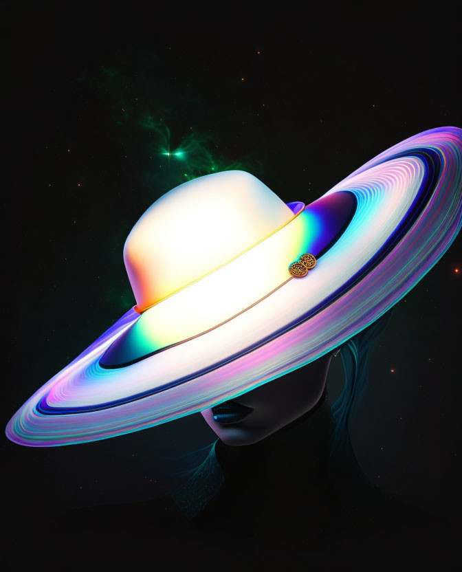 Human silhouette with colorful Saturn-like ring hat on starry background