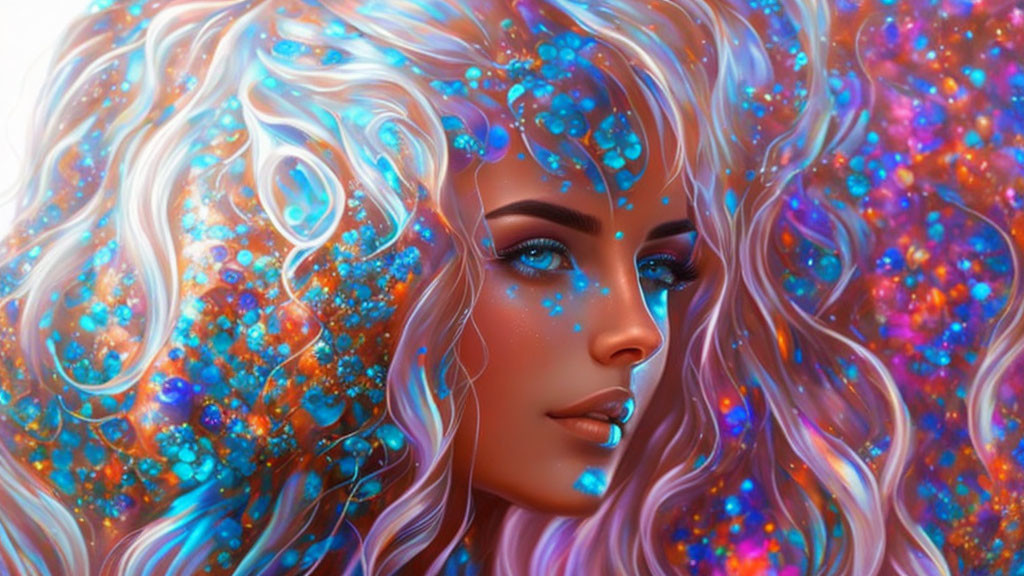 Fantasy portrait of woman with blue and orange cosmic hair patterns