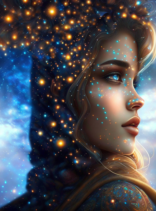 Digital art of woman with cosmic theme, stars and nebulas in hair, blue starry glow