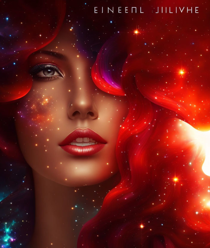 Colorful digital artwork of a woman with galaxy hair on cosmic backdrop