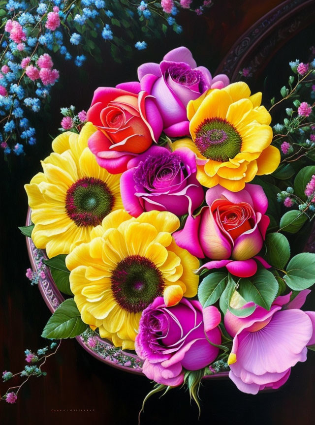 Colorful Rose and Sunflower Bouquet on Dark Background