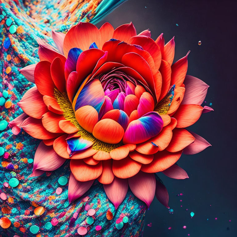 Multicolored flower with dynamic droplets on abstract backdrop